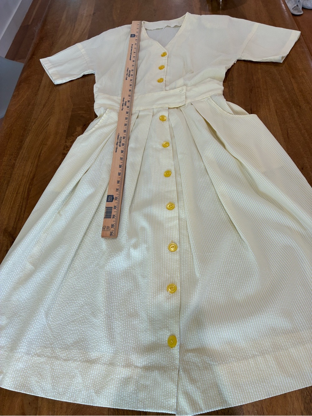 Vintage Yellow & White Seersucker Midi Dress Cottagecore Button Front Pockets M - Picture 8 of 9